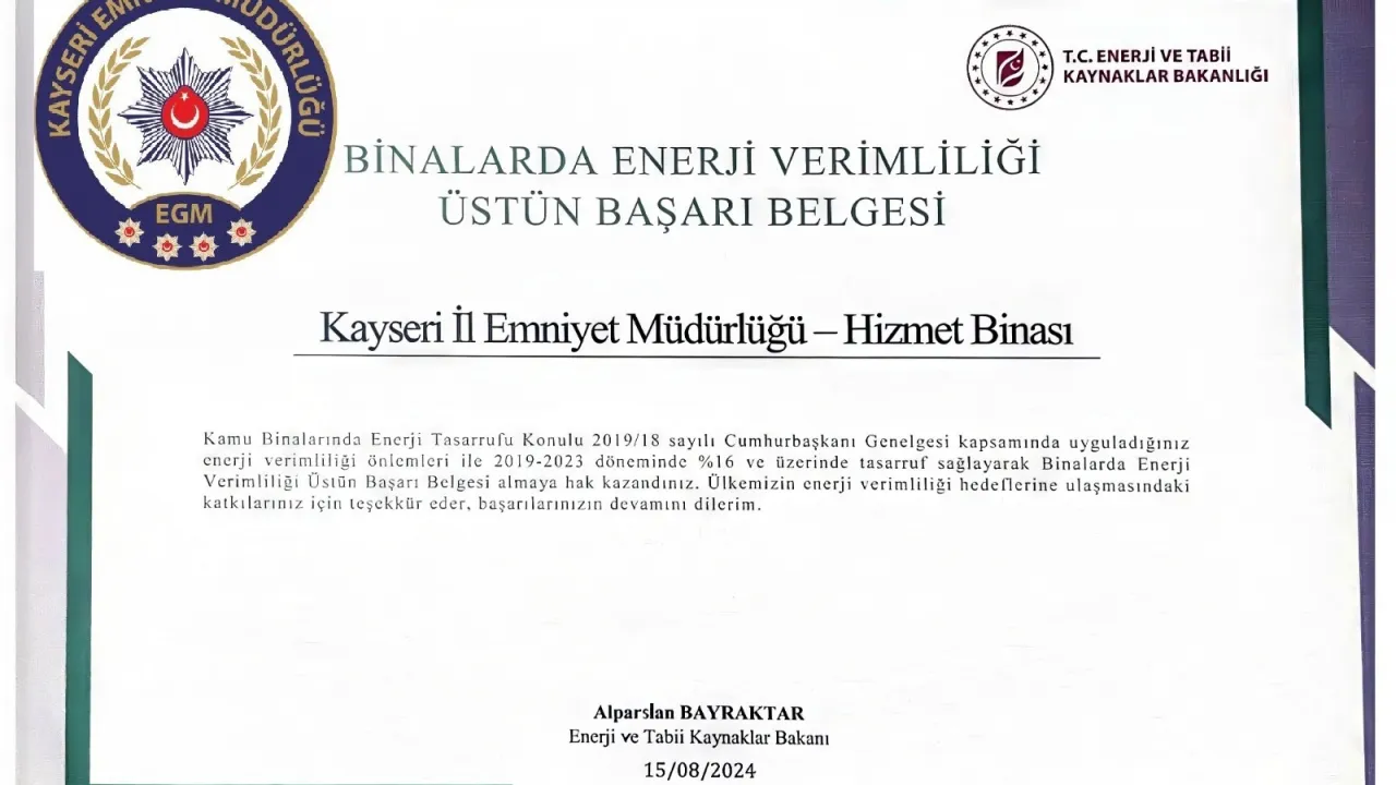 Enerji Bakanlığı’ndan Emniyet Müdürlüğü’ne Üstün Başarı Belgesi